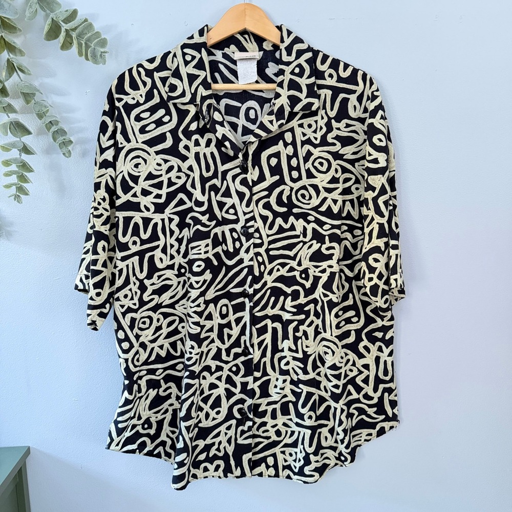 Plus Preferred Button Down Shirt Artsy Abstract Whimsigoth Eclectic Doodle Black